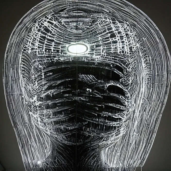 Image similar to , light sculpture optical illusion, by h. r. giger