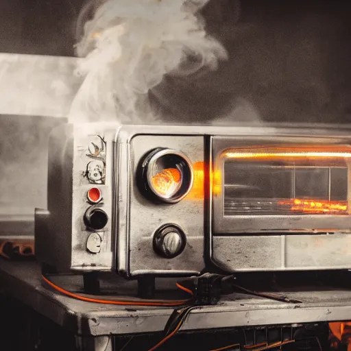 Image similar to cyborg toaster oven repairman, dark messy smoke - filled cluttered workshop, dark, dramatic lighting, orange tint, sparks, cinematic, highly detailed, sci - fi, futuristic, movie still