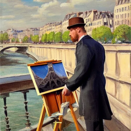 Prompt: mcgregor is dressed as a gentleman at early 2 0 th century paris. he is watching an easel. that easel has a canvas on it. ewan mcgregor has a brush on his hand. he is painting a painting. realistic painting with strong outlines. background has river seine, morning sun, dark clouds, by jack kirby