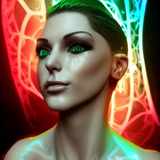 Image similar to biomechanical gina gerson, neon jacuzzi, extremely beautiful, chimeric organism, holodeck, pale skin, organic polycarbon, full frontal, portrait, highly detailed, transhumanist hydration, symmetrical, mechanical, anatomical, mendelbrot fractal, ray tracing, hyperdetailed, hyperrealistic, trending on artstation, oppai cyberpunk, octane render, hdr, uhd 4k