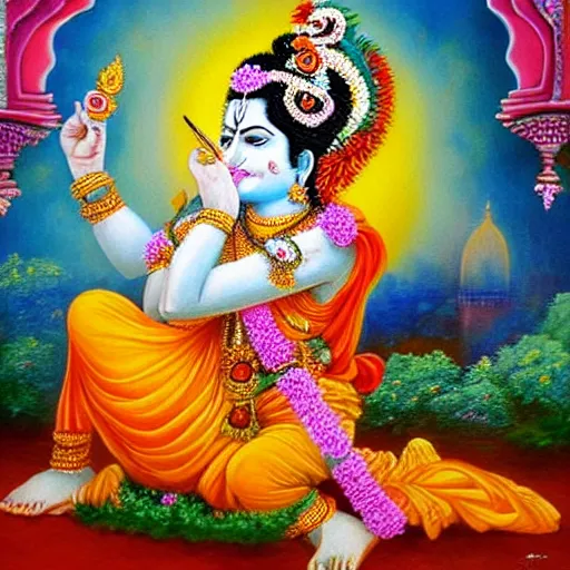 Prompt: A beautiful iskcon painting of Lord Krishna