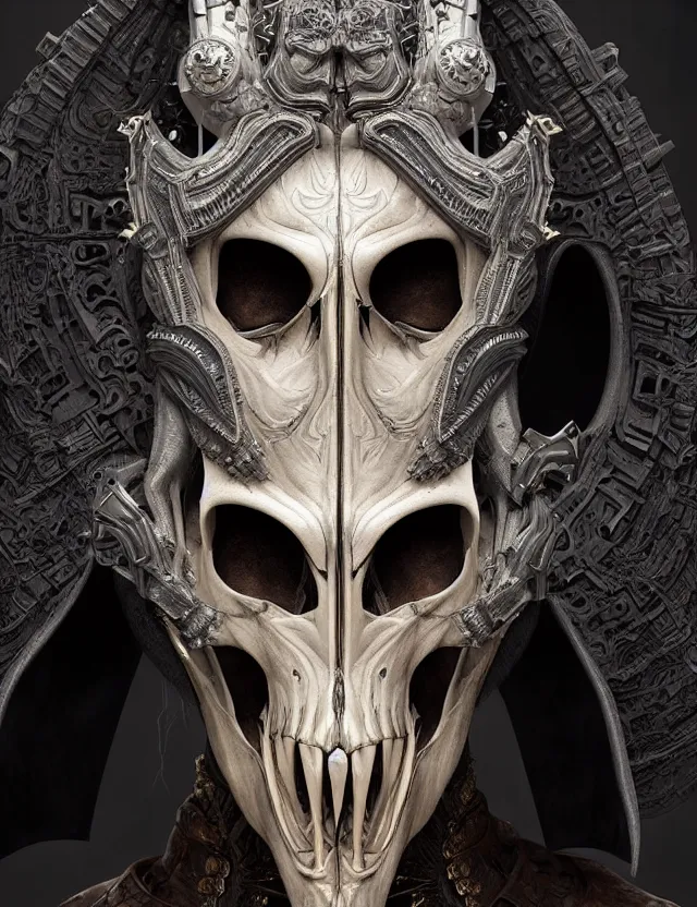 Image similar to 3 d goddess close - up profile portrait russian batman with ram skull. beautiful intricately detailed mask and weapon. artwork by giger and dali and beeple and greg rutkowski