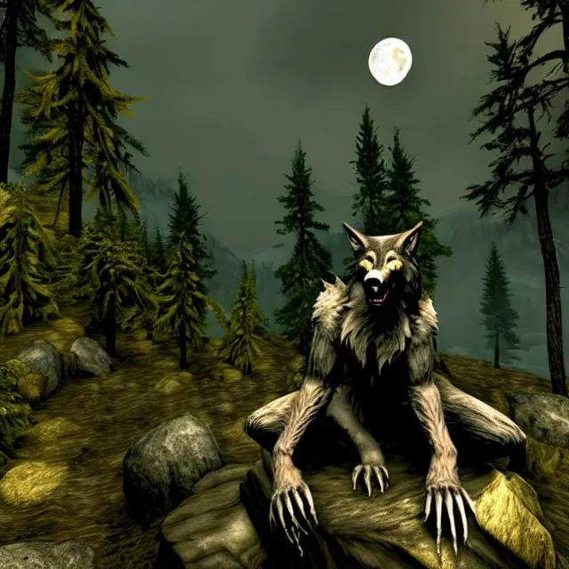 Image similar to A werewolf sitting on a rock, woodland creek, realistic, skyrim style, yellowish full moon