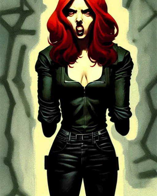 Image similar to rafael albuquerque comic art, peter mohrbacher, steve niles, phil noto, artgerm, pretty scarlett johansson vampire sharp vampire teeth open mouth, symmetrical eyes, black leather jacket, jeans, long blonde hair