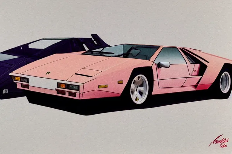 Prompt: new vehicle, smooth, sharp focus, colorsponge, Jon Sibal, blend art styles from Lamborghini Countach 1980 with another car together.