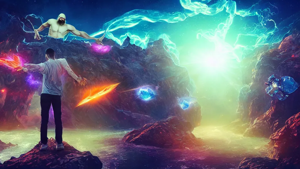 Prompt: dreamscape by gene raz von edler, buff father time by ross tran, white bearded man holding up a bright gemstone nova star by seb mckinnon, the background is a hell bridge by jon mess, cinematic, highly detailed