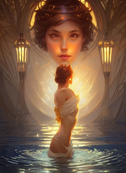 Image similar to water, glowing lights!! intricate elegant, highly detailed, digital painting, artstation, concept art, smooth, sharp focus, illustration, art by artgerm and greg rutkowski and alphonse mucha