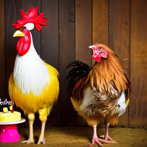 Prompt: hyper detailed dslr photo of a rooster standing in a barnyard next to a fluffy yellow newly hatched baby chic and there is a miniature birthday cake nearby