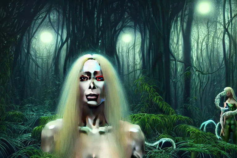 Prompt: realistic detailed portrait painting of a beautiful ghost woman with blond hair with an alien, futuristic sci-fi forest on background by ernst haeckel, caravaggio, roger dean and andrei tarkovsky, slime and tentacles, wide angle, minimalistic cinematic composition, octane render, bokeh, unreal engine, 4k 3d render, rich moody colours