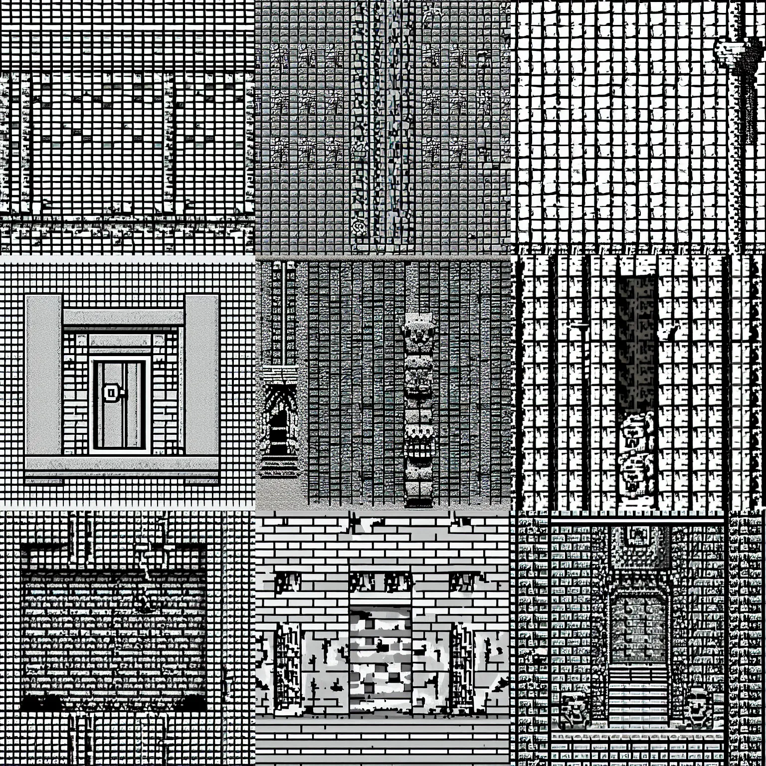 Prompt: entrance to a stone dungeon, wooden torch, pixel art, dithering, 1 - bit, black and white