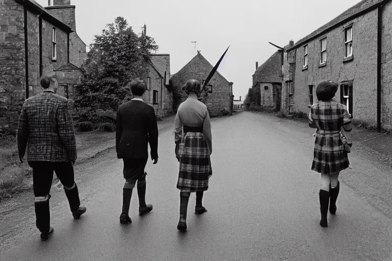 Image similar to three people walking in an empty street in a remote Scottish village on a cloudy morning during the pagan feast of the wicker man, photojournalism, 1967, photorealism, very realistic, in the style of Midsommar, 50mm lens, Kodak 5219 film