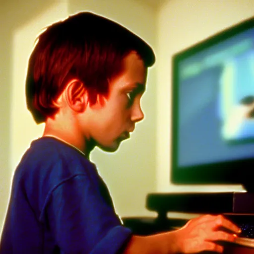 Prompt: defined colours 4k professional photograph of a standing figure of a five years old boy in front of a PC computer from 90s in the bedroom. from the 1994 Movie by Terrence Malick and Gaspar Noé and Alan Parker. high resolution, ultra details, high quality