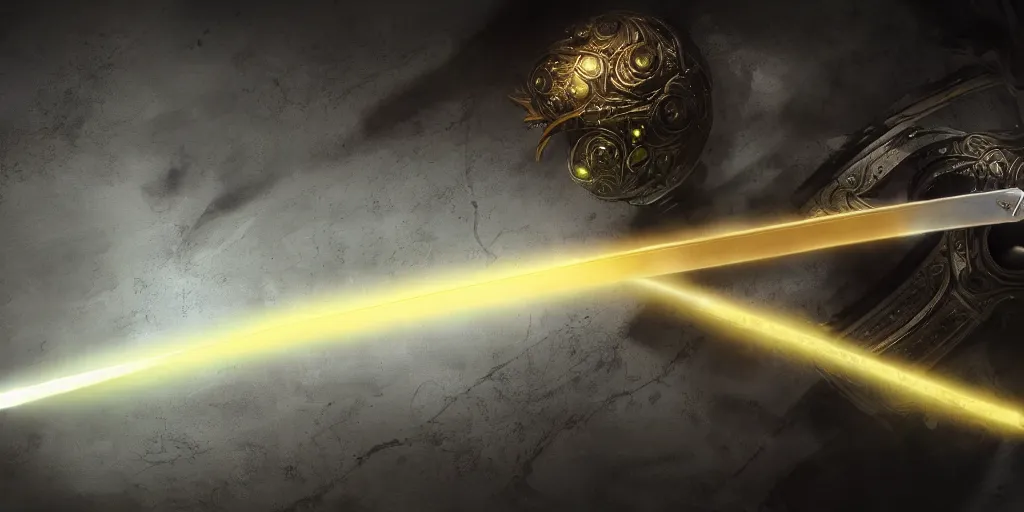Image similar to legendary cybernetic sword lying flat on a glowing table with a long sharp black and iridescent sword blade, digital award winning hd matte painting, intimate dark moody, intricate, ornate spikes, colorful hilt, detailed realistic, raytraced blade, colored gems, future golden technological pommel, in the style of greg rutkowski and krenz cushart, deviantart