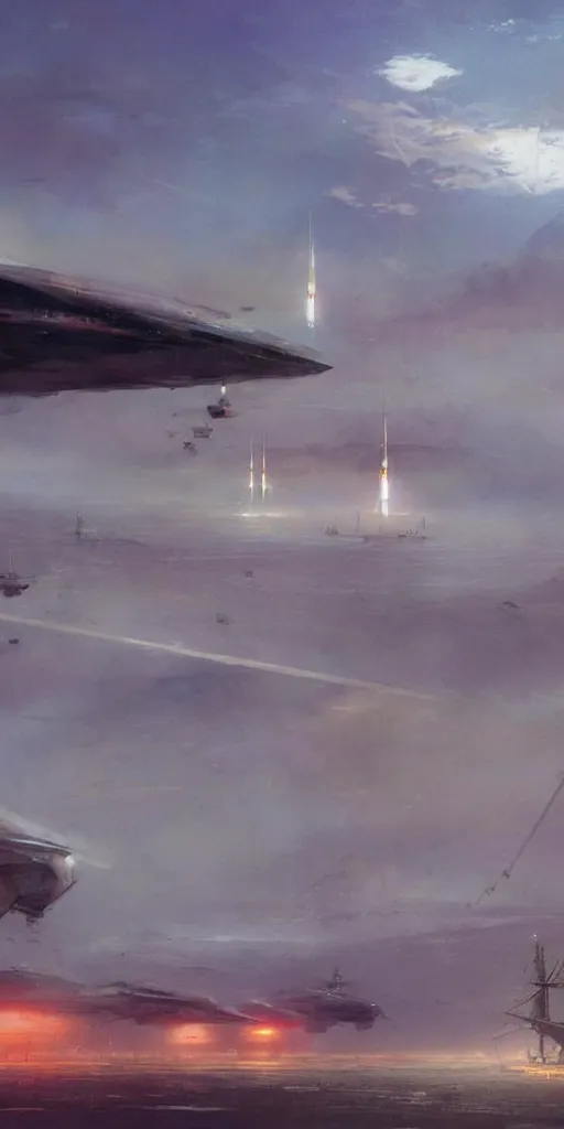 Prompt: tall spaceships dragging long anchors and antennas over a barren foggy landscape, sci - fi concept art, by john harris, by john berkey, award winning