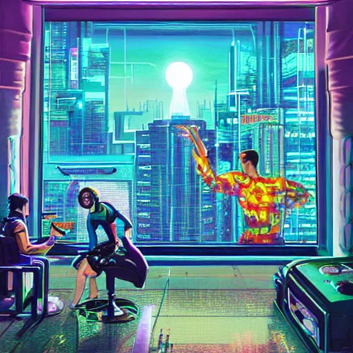 Prompt: Lofi vaporwave sci-fi cyberpunk epic video game room with large window looking out at overpopulated future city, Pixar style, Tristan Eaton, Stanley Artgerm, Tom Bagshaw