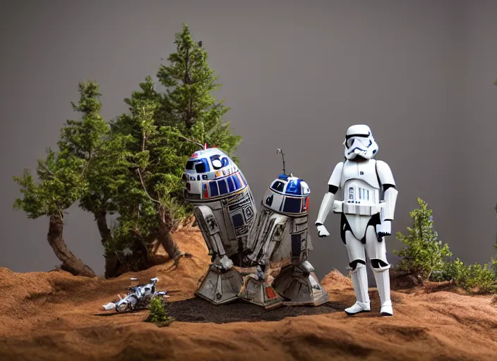 Image similar to a detailed photo of a realistic diorama with star wars toys, macro photography, zoom, model trees, table, studio lighting