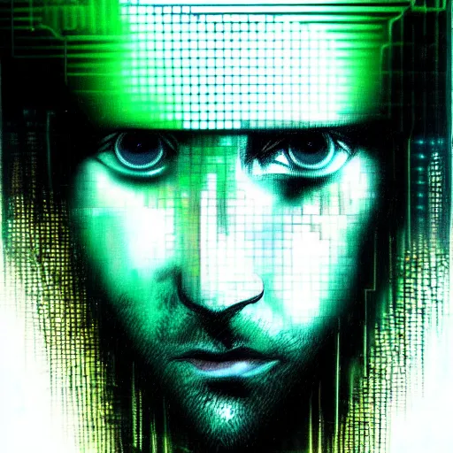 Image similar to hyperrealistic portrait of a cyberpunk man, teenager, long hair, immersed within a network, glitch eyes, by Guy Denning, Johannes Itten, Derek Gores, Russ Mills, glitch art, smooth lines, fine detail, polished, complex, hacking effects, holographic, digital tech effects, green, color blocking!, realistic, acrylic on canvas, concept art, abstract!, symmetrical, 8k, concept art, octane, photorealistic, cgsociety, trending on artstation