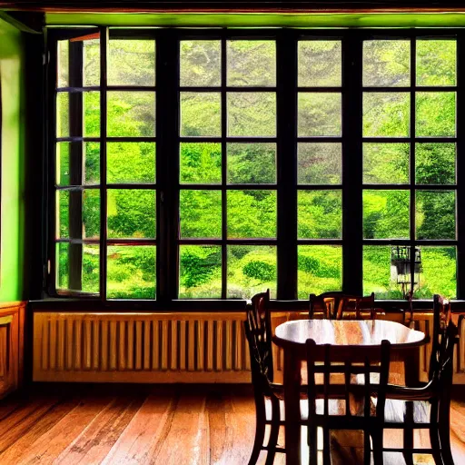 Prompt: beautiful 35mm footage landscape photography of a Victorian Dining room, wood, green black brown colors, stylistic furniture, window open to forest at night, wide-angle lens, detailed