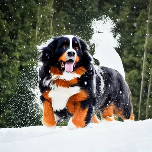 Prompt: girl riding giant Bernese Mountain Dog in the snow