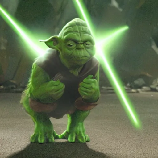 Image similar to a mix between Hulk and Yoda and Dobby and Gollum fighting robots, center frame medium shot, shot on technicolor cinemascope 35mm anamorphic lense, flare