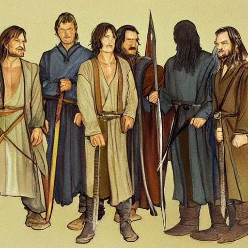 Image similar to ultra-detailed painting of Aragorn, Gimli, Frodo, Gandalf, Legolas and Boromir from the Tolkien book Fellowship of the Ring meeting at Elrond's house to plan for battle in the style of Edward Hopper