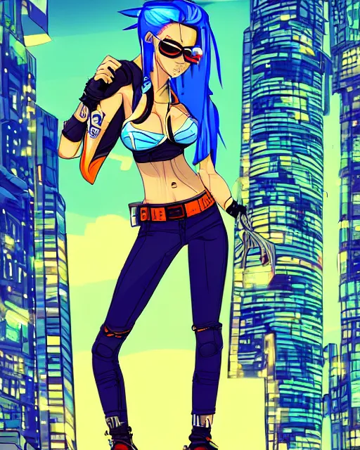 Image similar to cel shaded art of a pretty blue haired girl, jet grind radio graphics, cyberpunk city street background