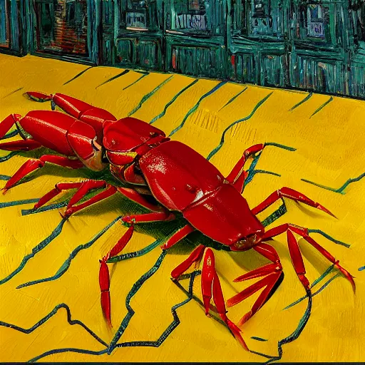 Image similar to red robotic crayfish cut the gold medal's ribbon from human neck by hand, 4 k, oil painting, van gogh