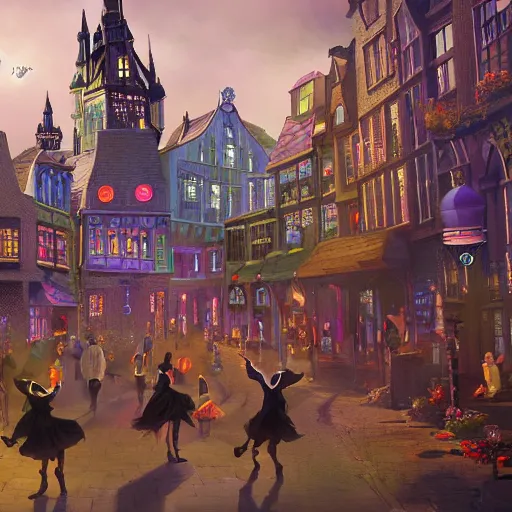 Prompt: A bustling magical town, witches and black cats are dancing around a colorful music festival, the large academy of magic and science can be seen towering in the distance, inspired by Victorian England and Amsterdam, highly detailed, digital painting, artstation, concept art, matte painting, octane render, 8k, unreal engine