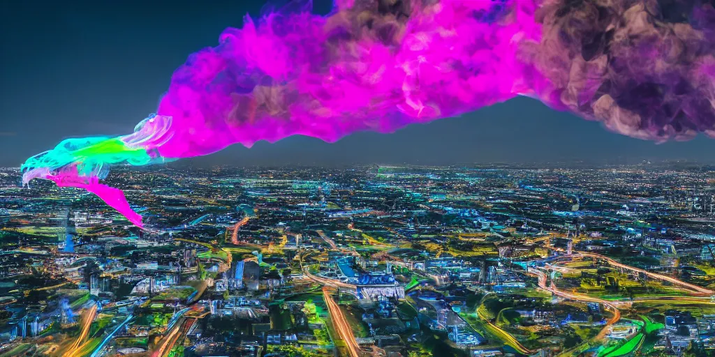 Prompt: dimly lit muted multi-color smoke (blues, greens), muted neon smoke, smoke coalesces reminiscent of fierce flying racing dragons with large outstretched wings flying, a distant vague city park landscape in the background, photographic, stunning, inspiring, super high energy, swift, fast, fleeting, 8K, 4K, UE5