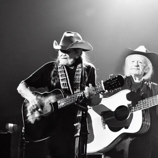 Prompt: willie nelson on stage, four fingers holding a guitar. god rays through fog.