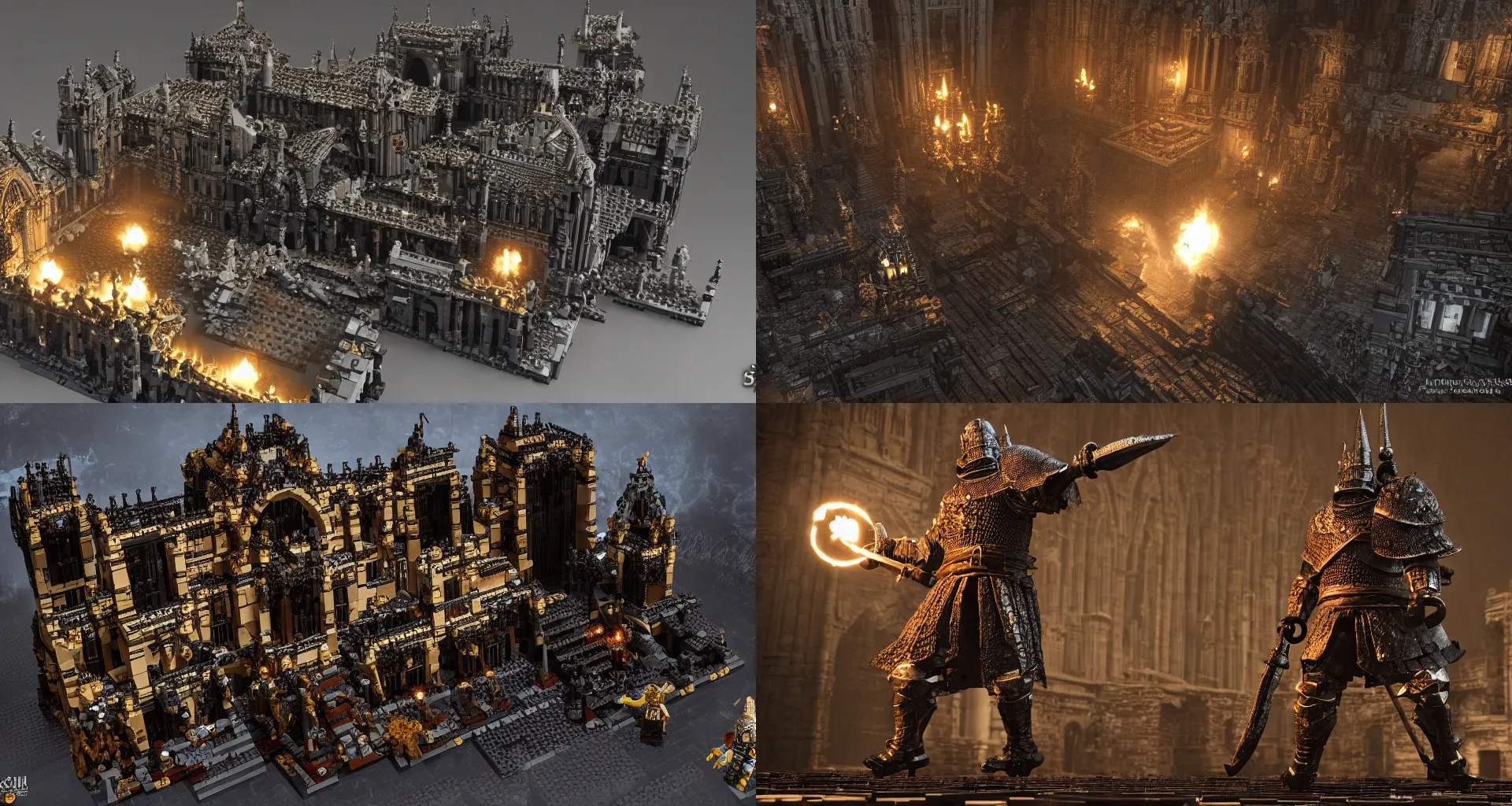 Prompt: The grand archives of dark souls 3 in the style of an intricate lego build, cinematic, dramatic lighting, low angle, complex composition