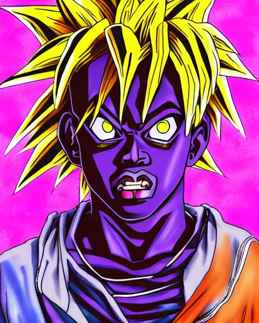 Prompt: juice wrld rockstar rapper in the style of a black african dragon ball z digital painting anime art