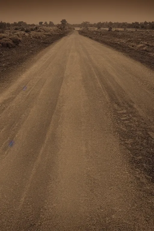 Prompt: sepia photo of a road with no end, dust smog in background, photorealistic, tonemapped