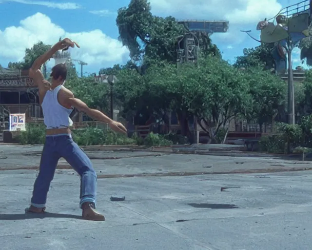 Prompt: a still of irl empty stage from King of Fighters in the movie Hard Target (1993), HDR, high quality, 8k, highly detailed and intricate,