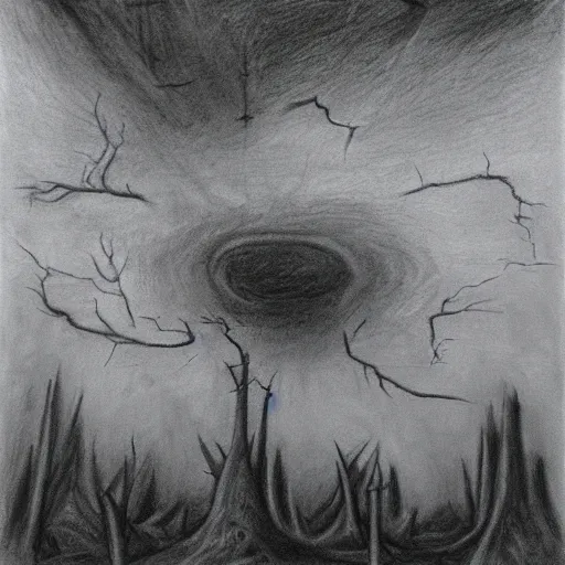 Image similar to surrealism charcoal drawing of the end of the world., horror,