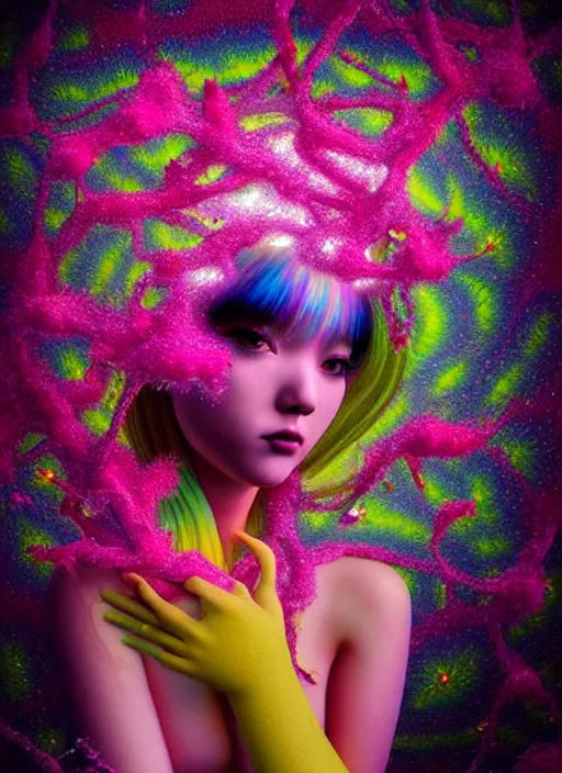 Image similar to hyper detailed 3d render like a Oil painting - kawaii Aurora (Singer) seen Eating of the Strangling network of yellowcake aerochrome and milky Fruit and Her delicate Hands hold of gossamer polyp blossoms bring iridescent fungal flowers whose spores black the foolish stars by Jacek Yerka, Mariusz Lewandowski, Houdini algorithmic generative render, Abstract brush strokes, Masterpiece, Edward Hopper and James Gilleard, Zdzislaw Beksinski, Mark Ryden, Wolfgang Lettl, hints of Yayoi Kasuma, octane render, 8k