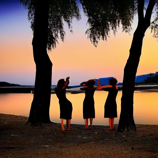 Prompt: the women gathered by the river to dance as the sun set , high quality digital art in the style of Bauhaus,-n 4