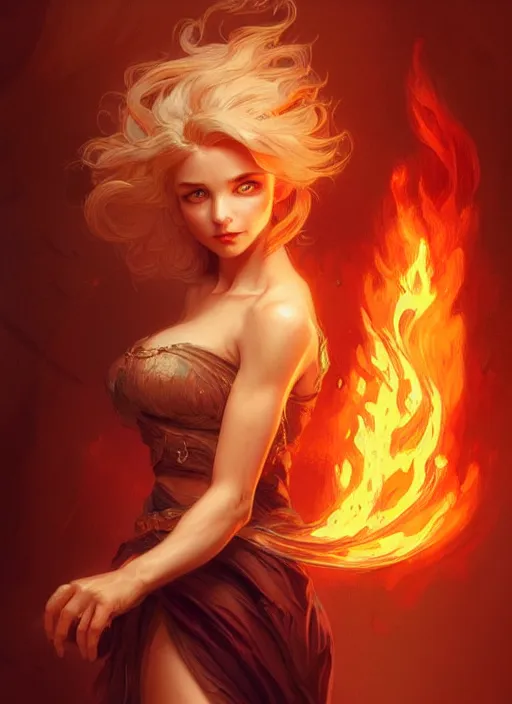 Prompt: a cute fire elemental, with fingers and hair turning into flames, fantasy, intricate, elegant, highly detailed, digital painting, artstation, concept art, wallpaper, smooth, sharp focus, illustration, art by artgerm and greg rutkowski and alphonse mucha