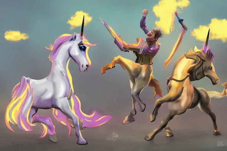 Prompt: cheesy unicorns committing terribly violent crimes, dynamic lighting