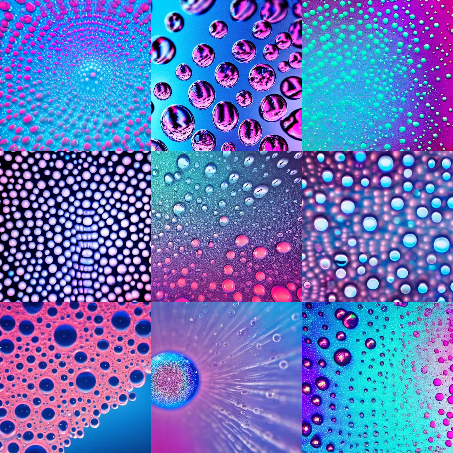 Prompt: a computer generated image of water bubbles in blue and pink, a microscopic photo by adam szentpetery, shutterstock contest winner, kinetic pointillism, macro lens, macro photography, creative commons attribution