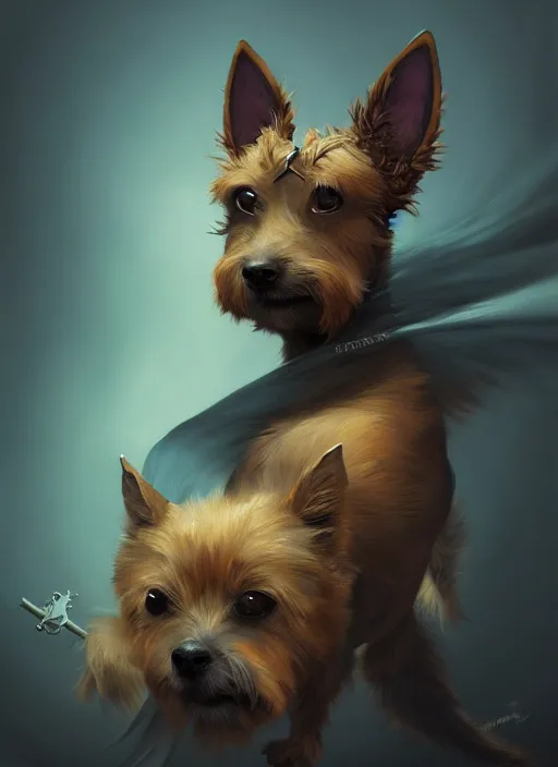 Image similar to norwich terrier as an witch, backround dark, highly detailed, digital illustration, trending in artstation, modern painting, smooth, sharp focus, intricate, by peter mohrbacher