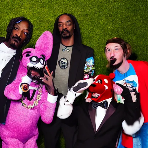 Image similar to snoop dogg taking a photo with fursuiters at a furry convention, 4 k photography