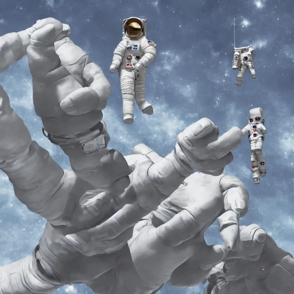 Image similar to illustration of a giant hand placing a life - sized grey plastic sculpture of an astronaut atop a building