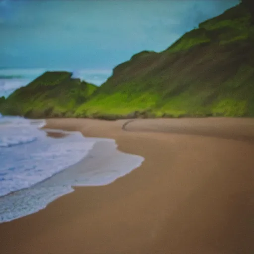 Prompt: a beach with green sand, 3 5 mm, realistic