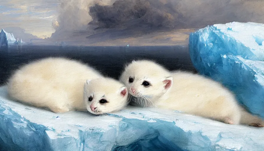 Image similar to highly detailed painting of cute furry white baby seal kittens cuddling into each other on a blue and white iceberg by william turner, by greg rutkowski, by william constable, thick brush strokes and visible paint layers, 4 k resolution