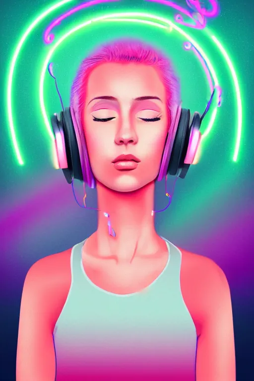 Image similar to a award winning half body portrait of a beautiful woman with stunning eyes in a croptop and cargo pants with ombre purple pink teal hairstyle listenin to music with headphones on her ears by thomas danthony, surrounded by whirling illuminated lines, outrun, vaporware, shaded flat illustration, digital art, trending on artstation, highly detailed, fine detail, intricate