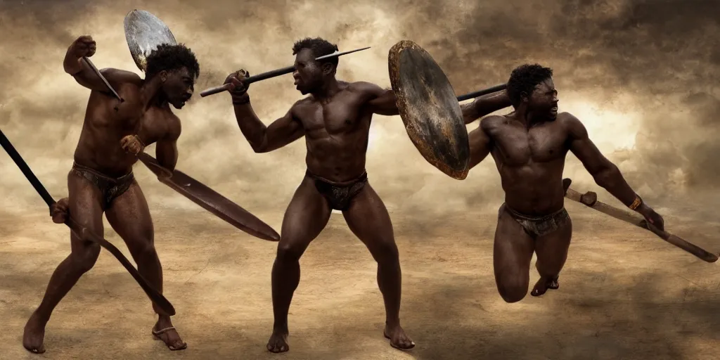 Prompt: African--American spartan warrior fighting a minotaur army with a giant club made of bronze, 4k, film still,