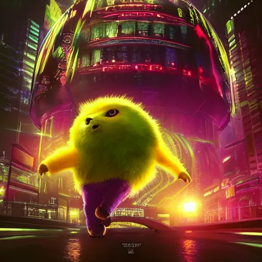 Image similar to high quality 3 d render cyberpunk very tennis ball monster highly detailed, unreal engine cinematic smooth, in the style of blade runner & detective pikachu, hannah yata charlie immer, purple light, low angle, uhd 8 k, sharp focus, illustrated by basil gogos