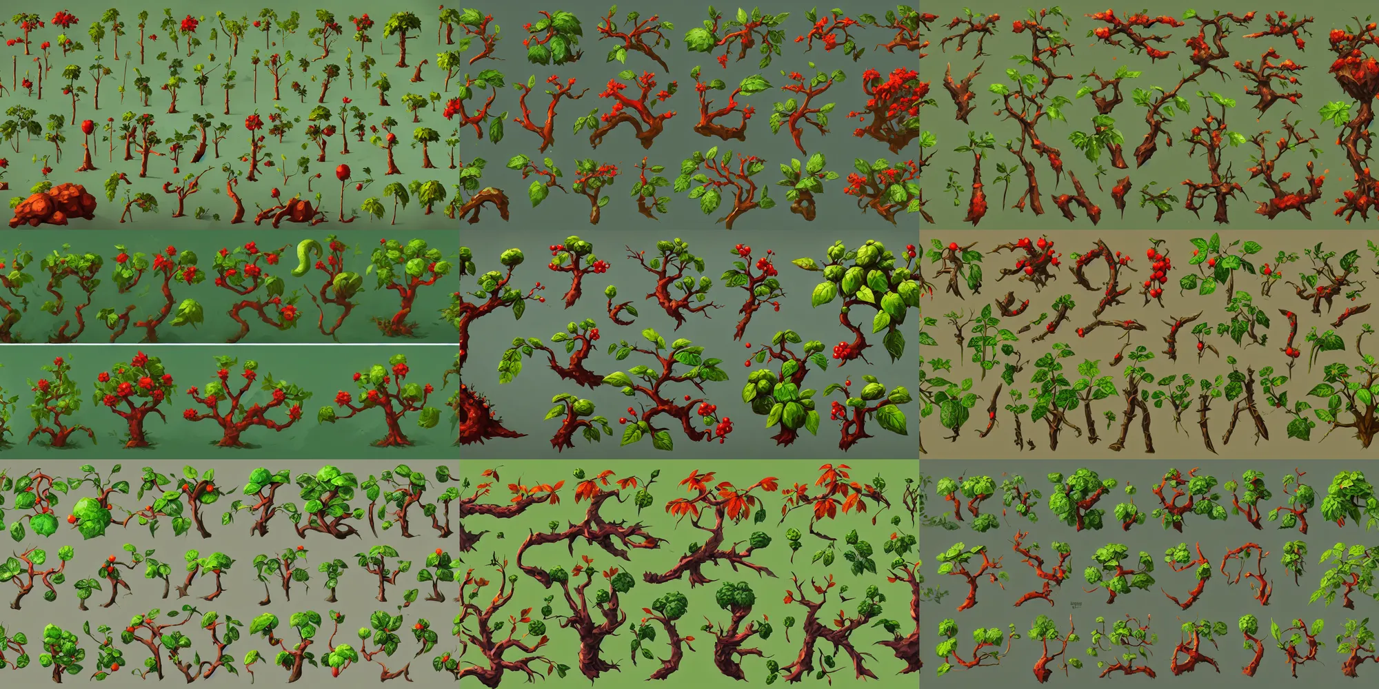 Prompt: game asset of plant and tree, in gouache detailed paintings, props, stylized, 2 d sprites, kitbash, nature, organic, ivy, arcane, overwatch, red and green color scheme