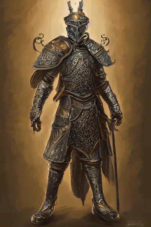 Prompt: man in ornate suit of armor imbued with magic, fantasy, medieval, character design, single character concept art, medium shot, rule of thirds, digital art, highly detailed, 4k,